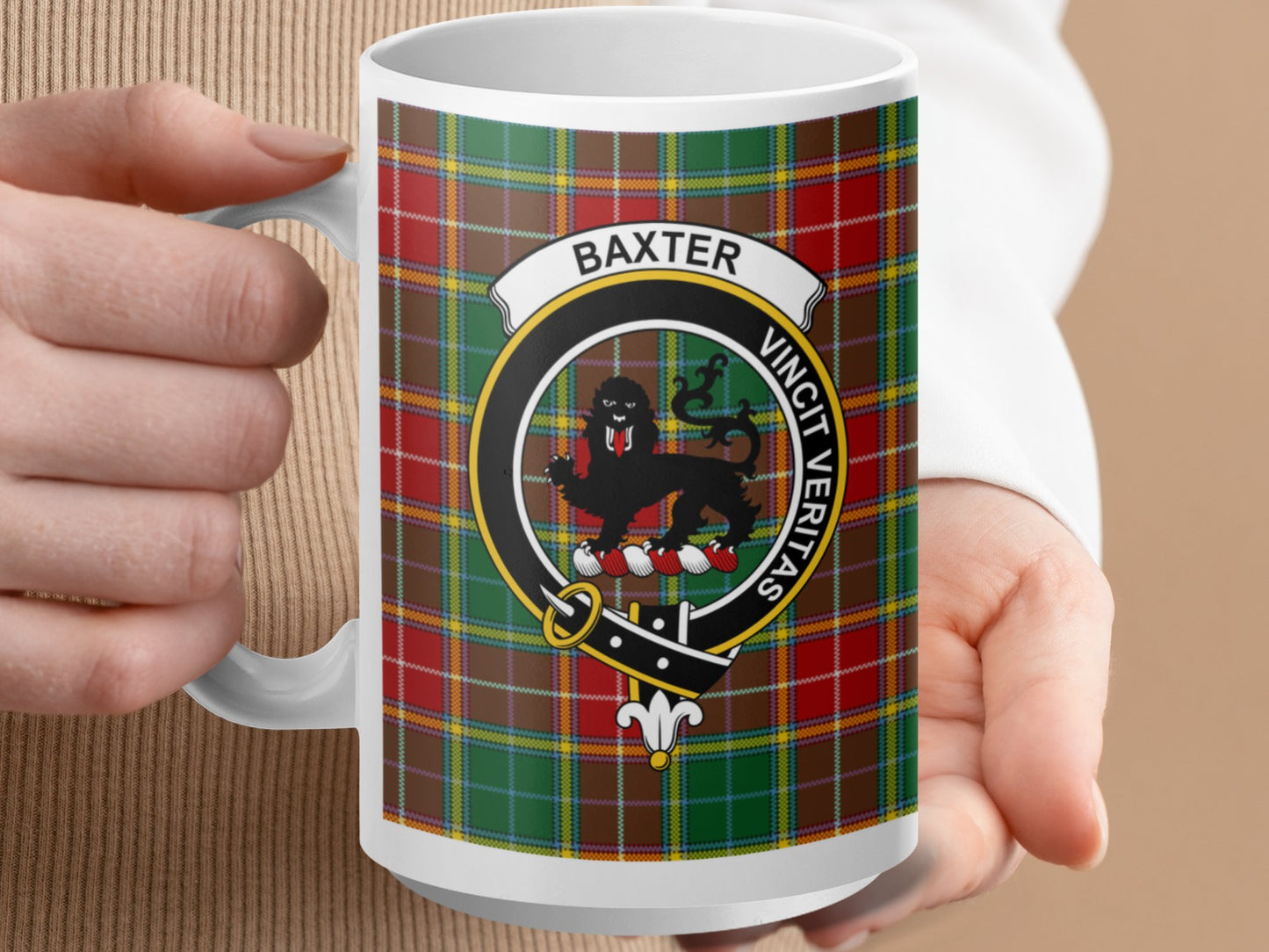 Clan Baxter Crest with Tartan Background Coffee Mug - Living Stone Gifts