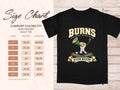 Comfort Colors 1717 size chart in inches with a black Burns clan crest T-shirt preview