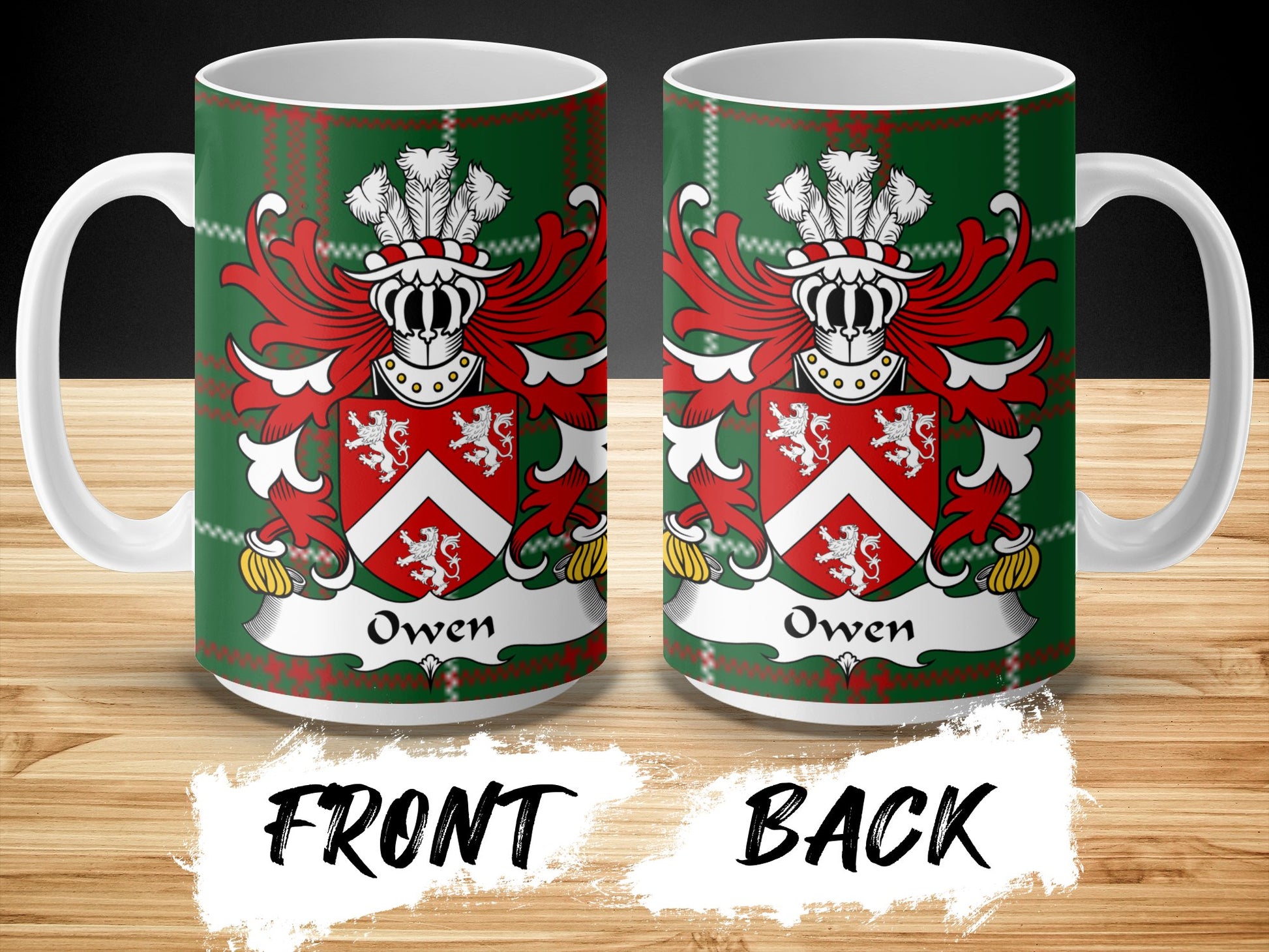 Owen Welsh Crest on National Tartan Background Mug - Living Stone Gifts