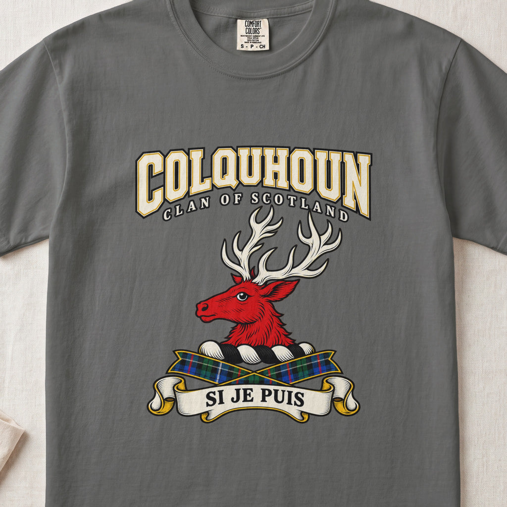 Colquhoun Scottish clan graphic T-shirt in Pepper, front view
