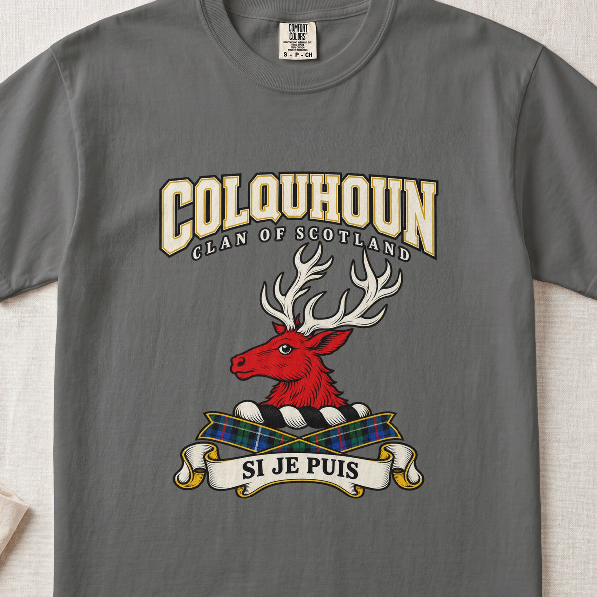 Colquhoun Scottish clan graphic T-shirt in Pepper, front view