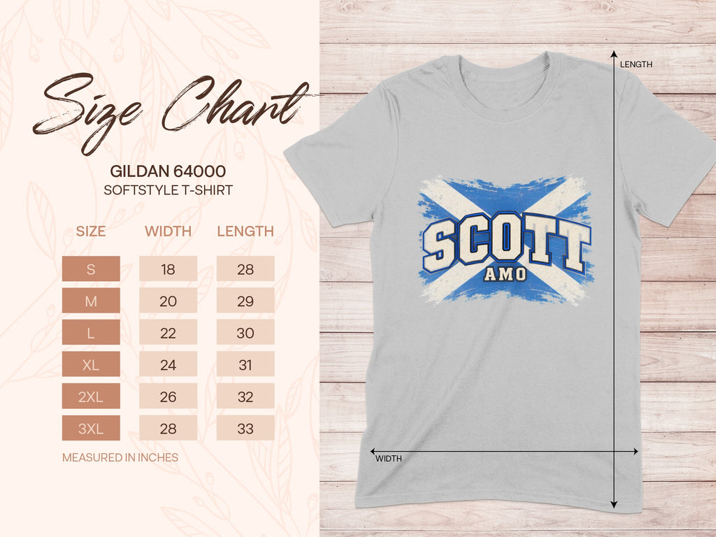 Gildan Softstyle 64000 size chart for the Scott Saltire T-shirt, showing shirt width and length in inches.