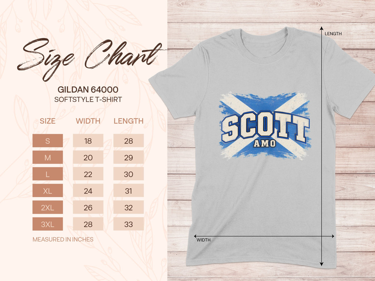 Gildan Softstyle 64000 size chart for the Scott Saltire T-shirt, showing shirt width and length in inches.