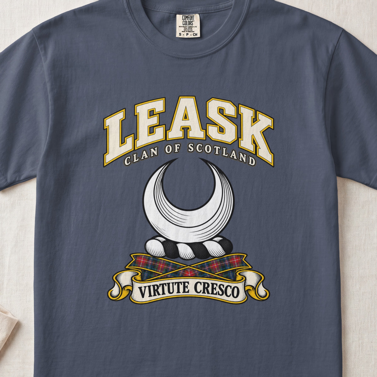 Leask Scottish clan T-shirt in Midnight, front view with a silver crescent and motto design.