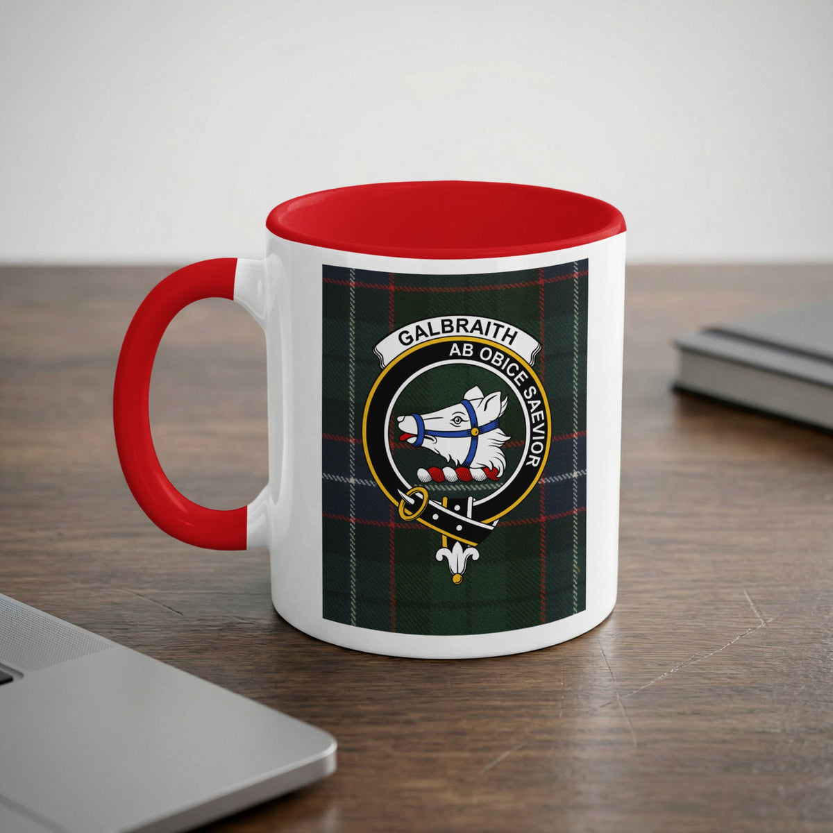 Galbraith Scottish clan crest artwork on an 11 oz red accent mug with a tartan background