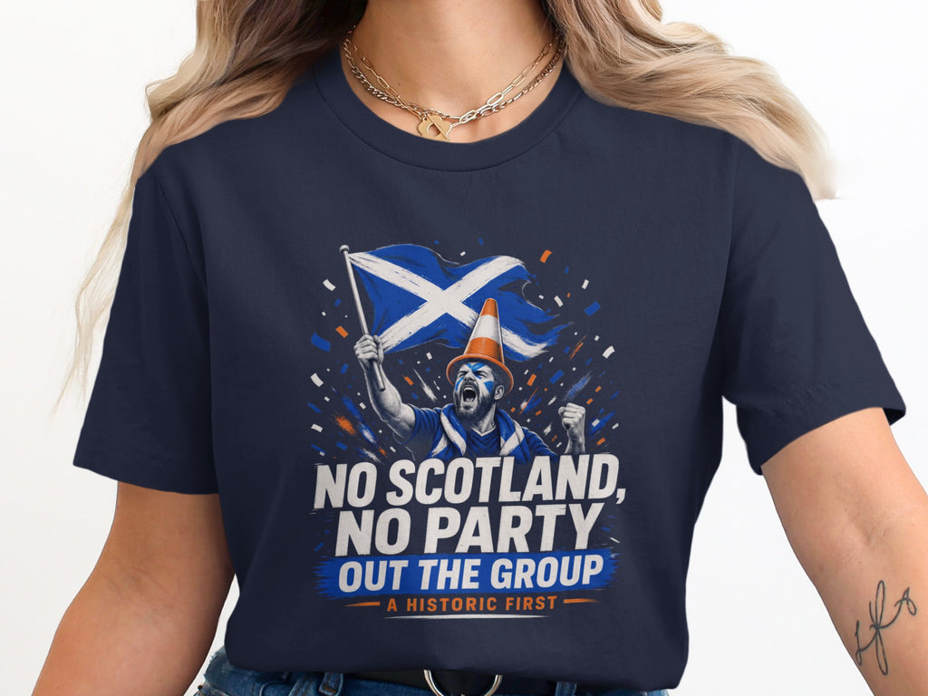 Scottish fan in a navy t-shirt waves Scotland flag, "NO SCOTLAND, NO PARTY" text.