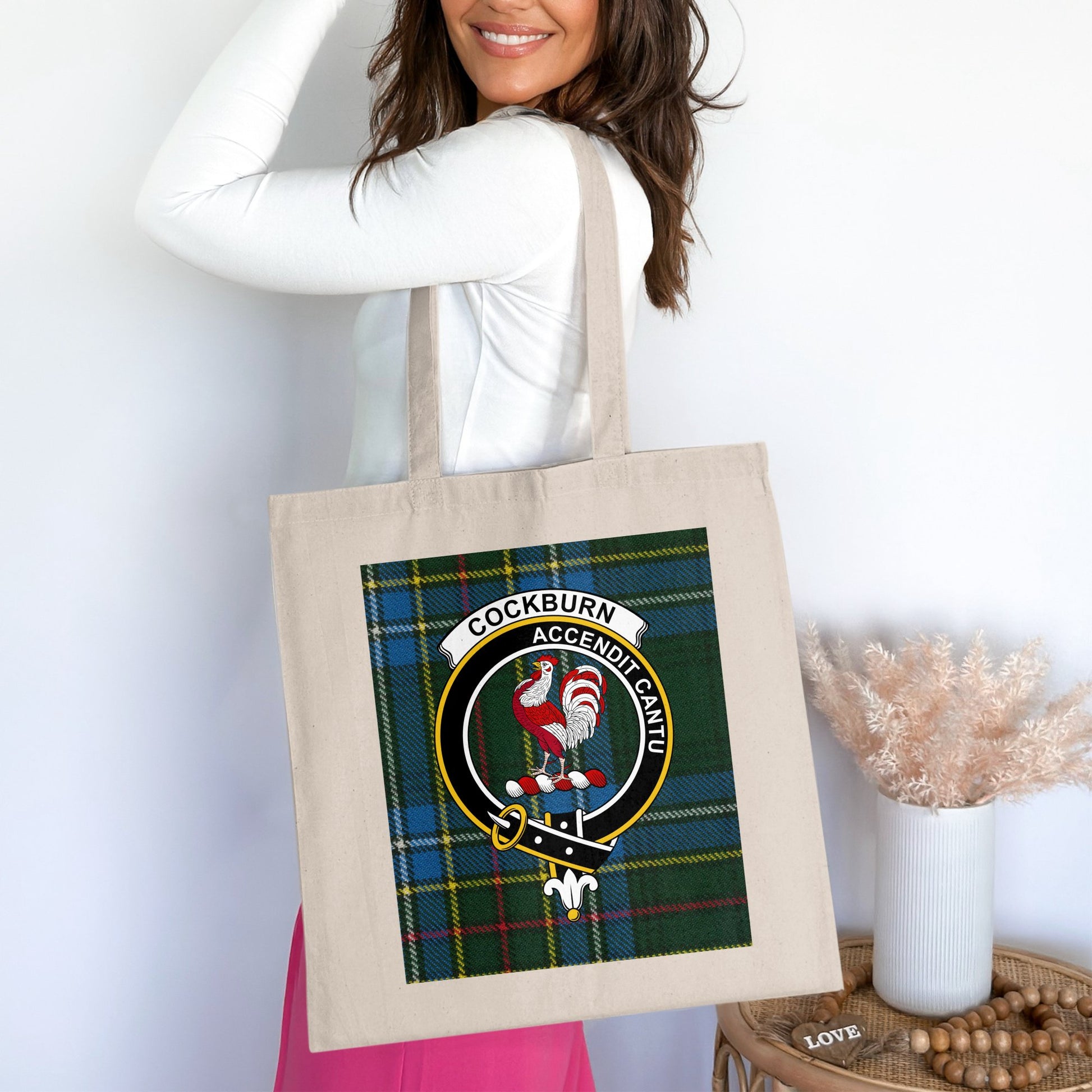 Cockburn Clan Crest on Tartan Scottish Background Tote Bag - Living Stone Gifts