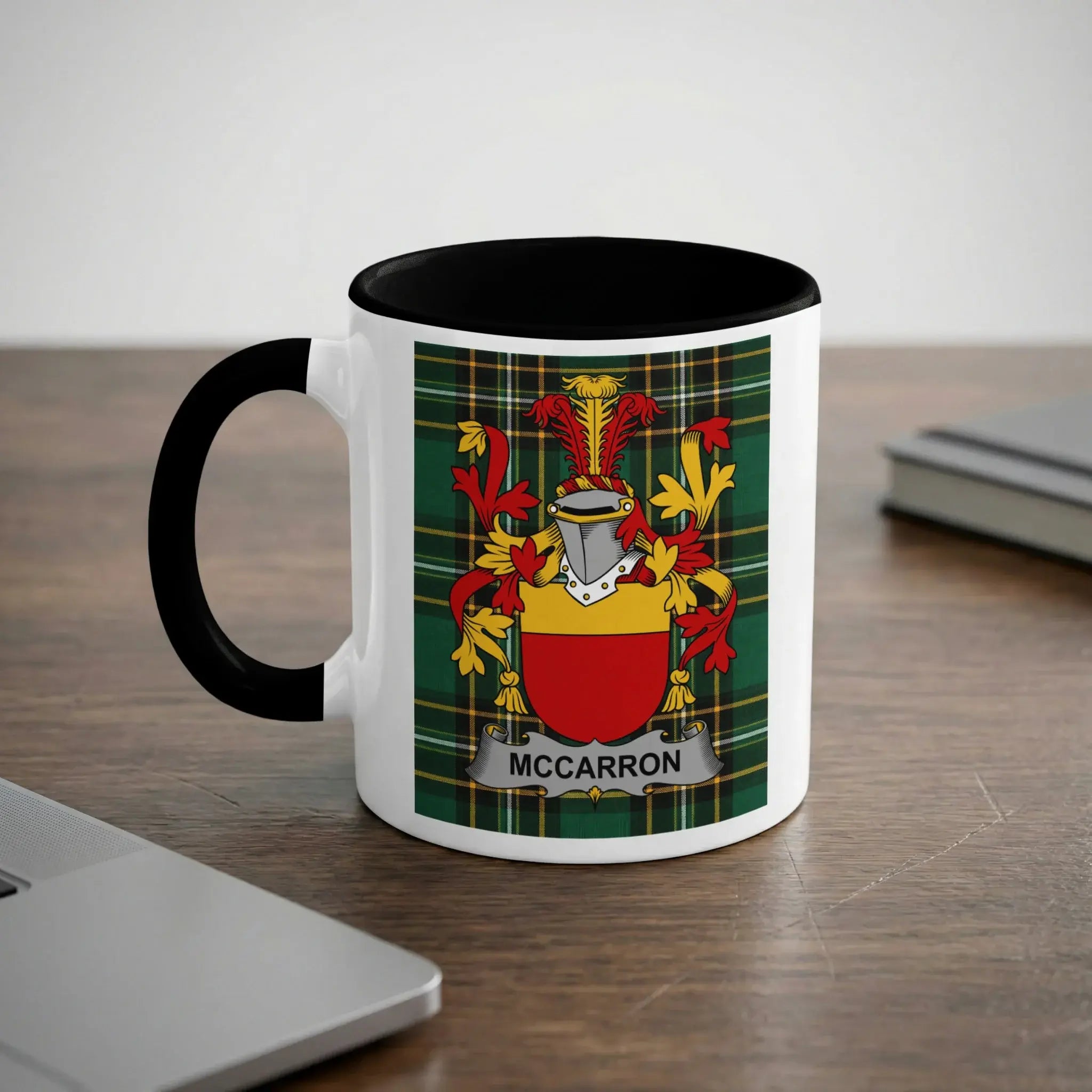 McCarron Irish heritage mug with black handle and family crest