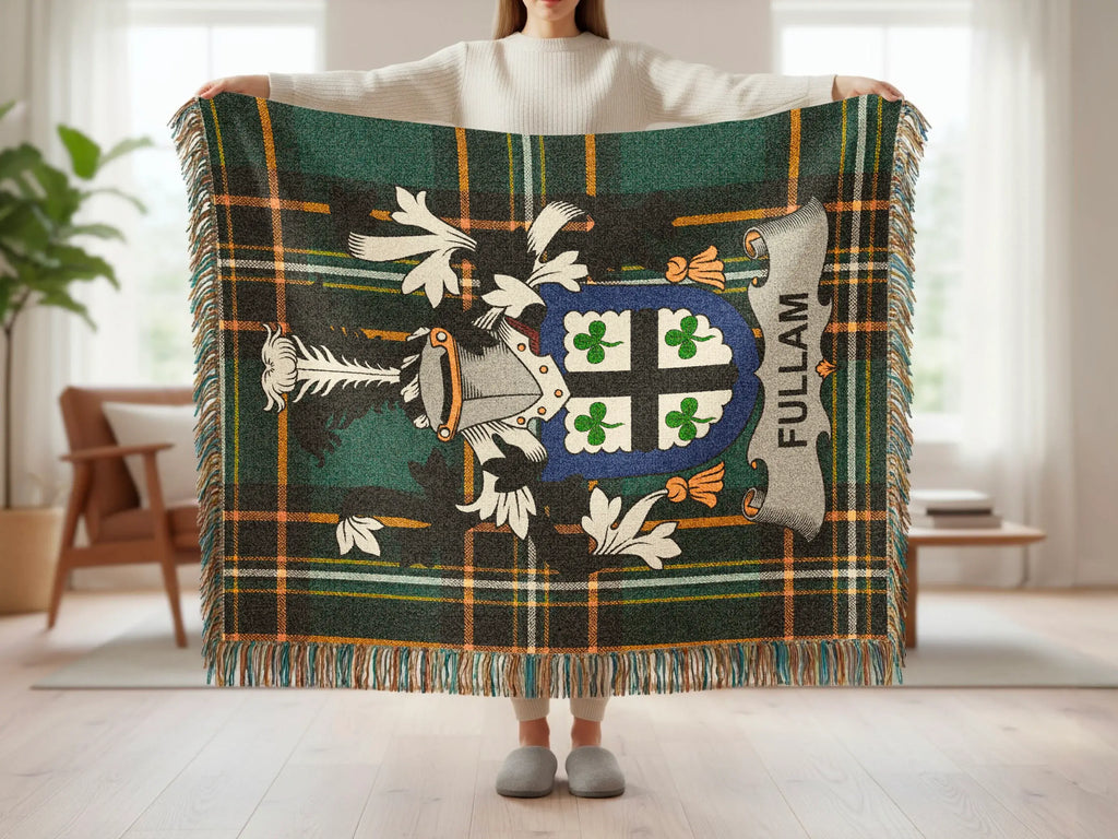 Tartan blanket with a blue and gray crest featuring shamrocks and the text "FULLAM".
