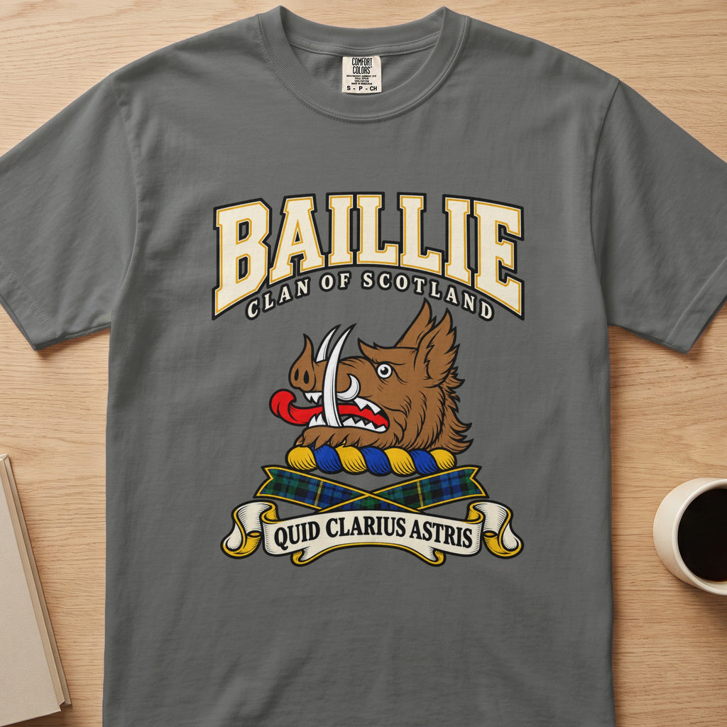 Baillie brown boar’s head with white tusks graphic on a charcoal gray Comfort Colors T-shirt, front view