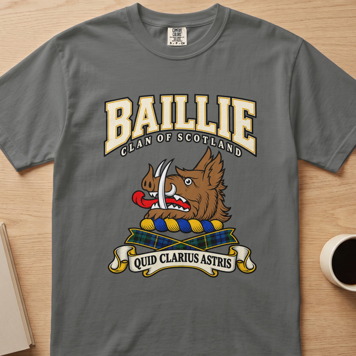 Baillie brown boar’s head with white tusks graphic on a charcoal gray Comfort Colors T-shirt, front view