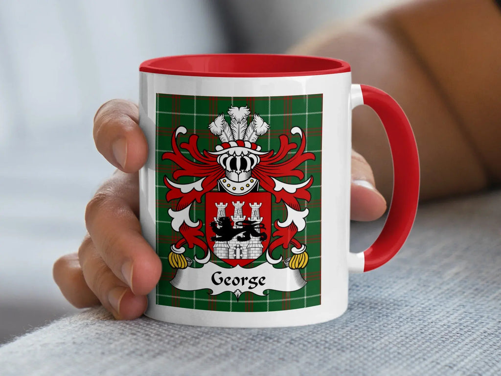 George Welsh tartan accent mug with red handle and family crest on green tartan