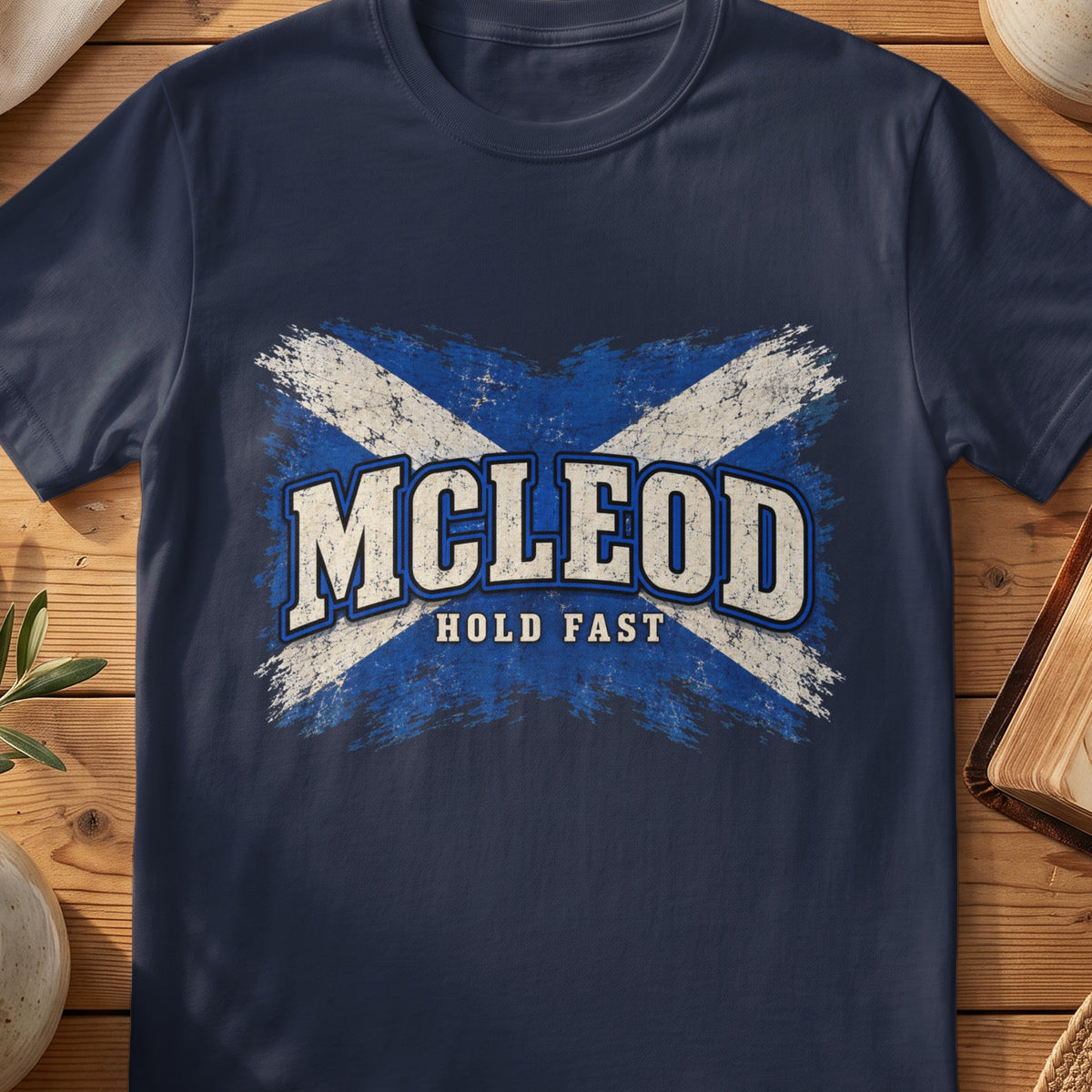 McLeod Scottish Saltire T-shirt in Navy, with distressed blue and cream flag and “Hold Fast” lettering.