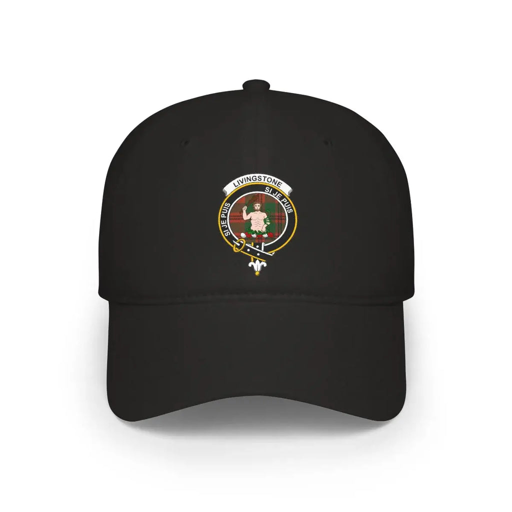 Clan Livingstone tartan crest cap — black, printed clan crest with Si Je Puis motto, low-profile cotton