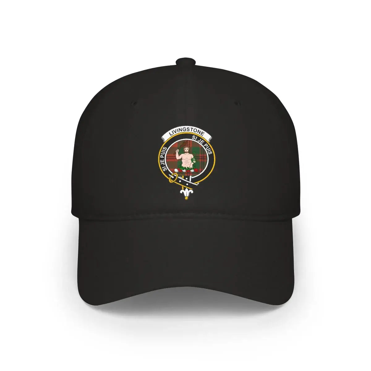 Clan Livingstone tartan crest cap — black, printed clan crest with Si Je Puis motto, low-profile cotton