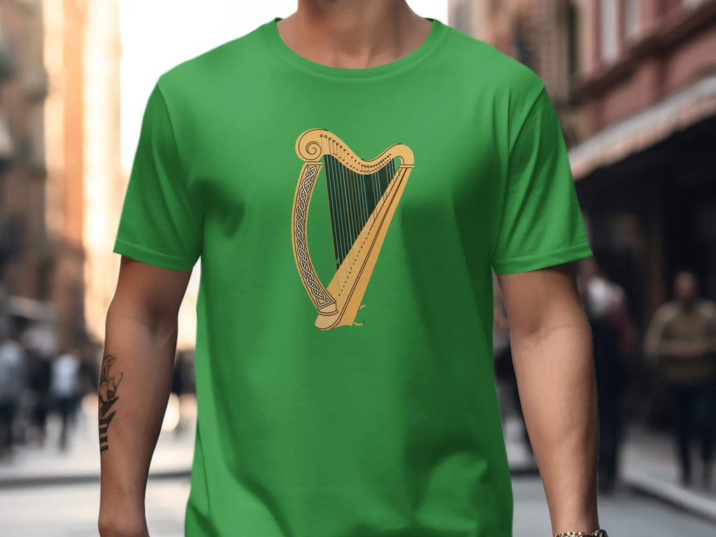 Green T-shirt with Detailed Golden Harp Design