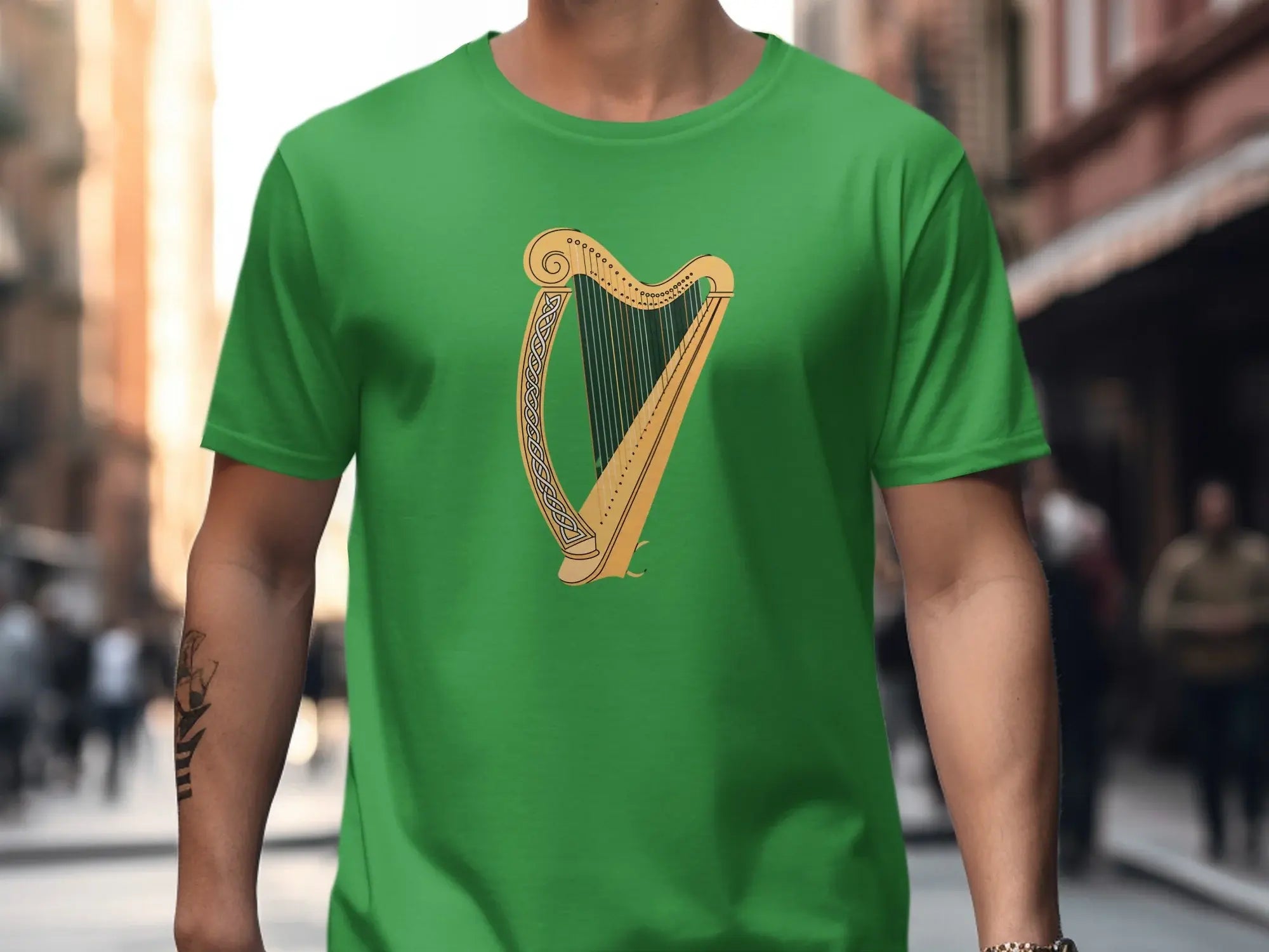 Green T-shirt with Detailed Golden Harp Design