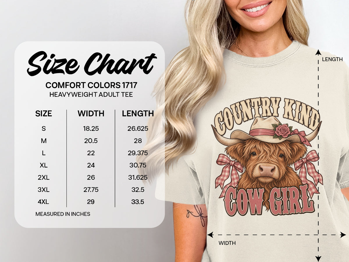 Comfort Colors 1717 size chart, S–4XL, for the Country Kind Cow Girl Highland cow T-shirt