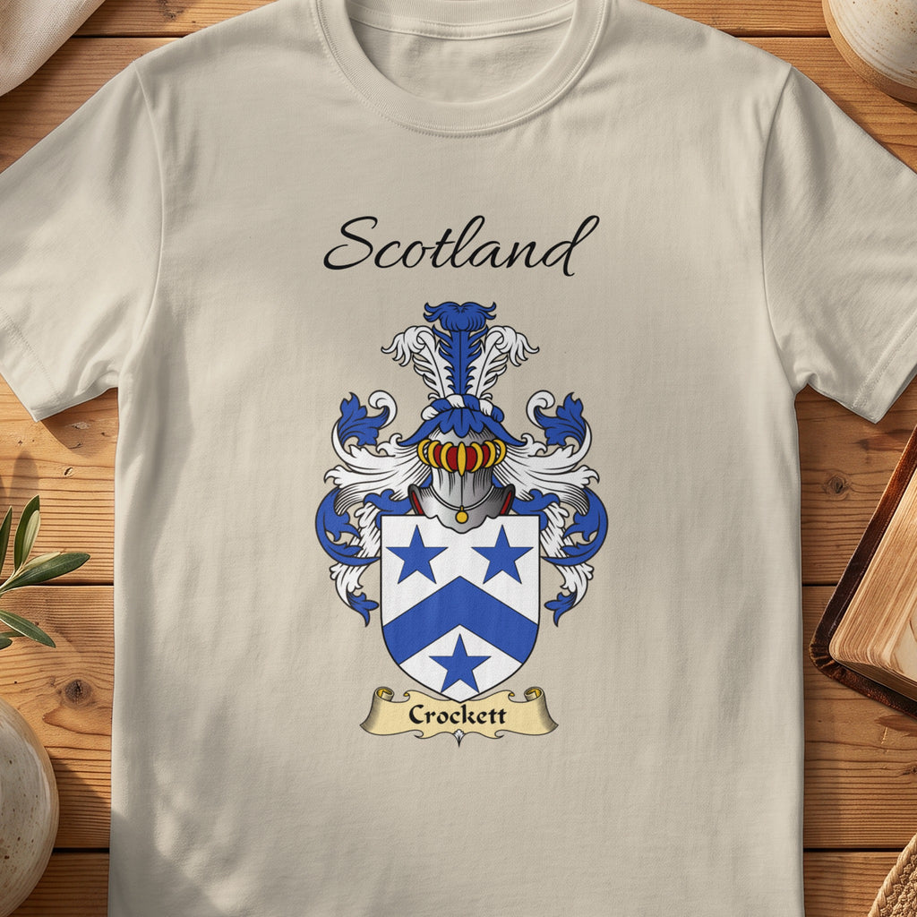Sand Crockett Scottish family shield T-shirt featuring a blue chevron between blue stars