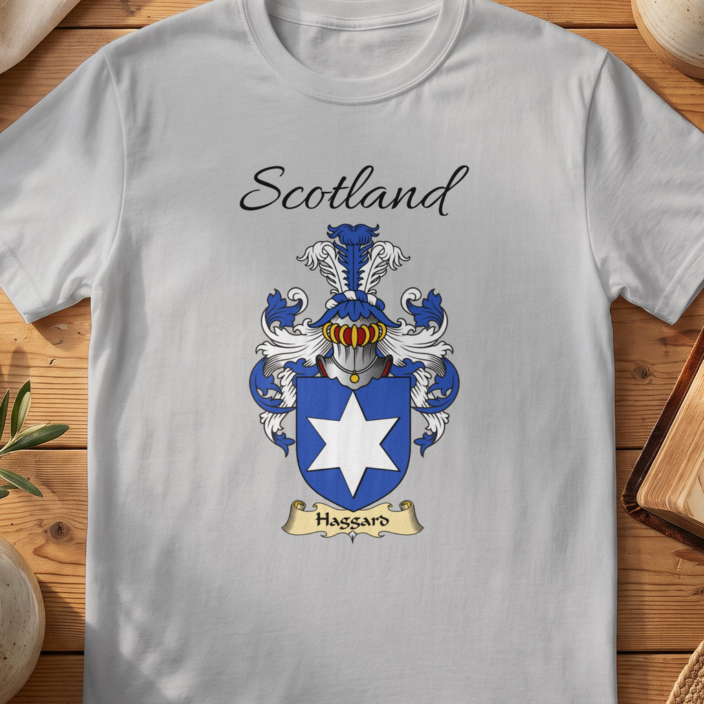 Sport Grey Hassard Scottish family shield T-shirt featuring a large white six-pointed star on blue
