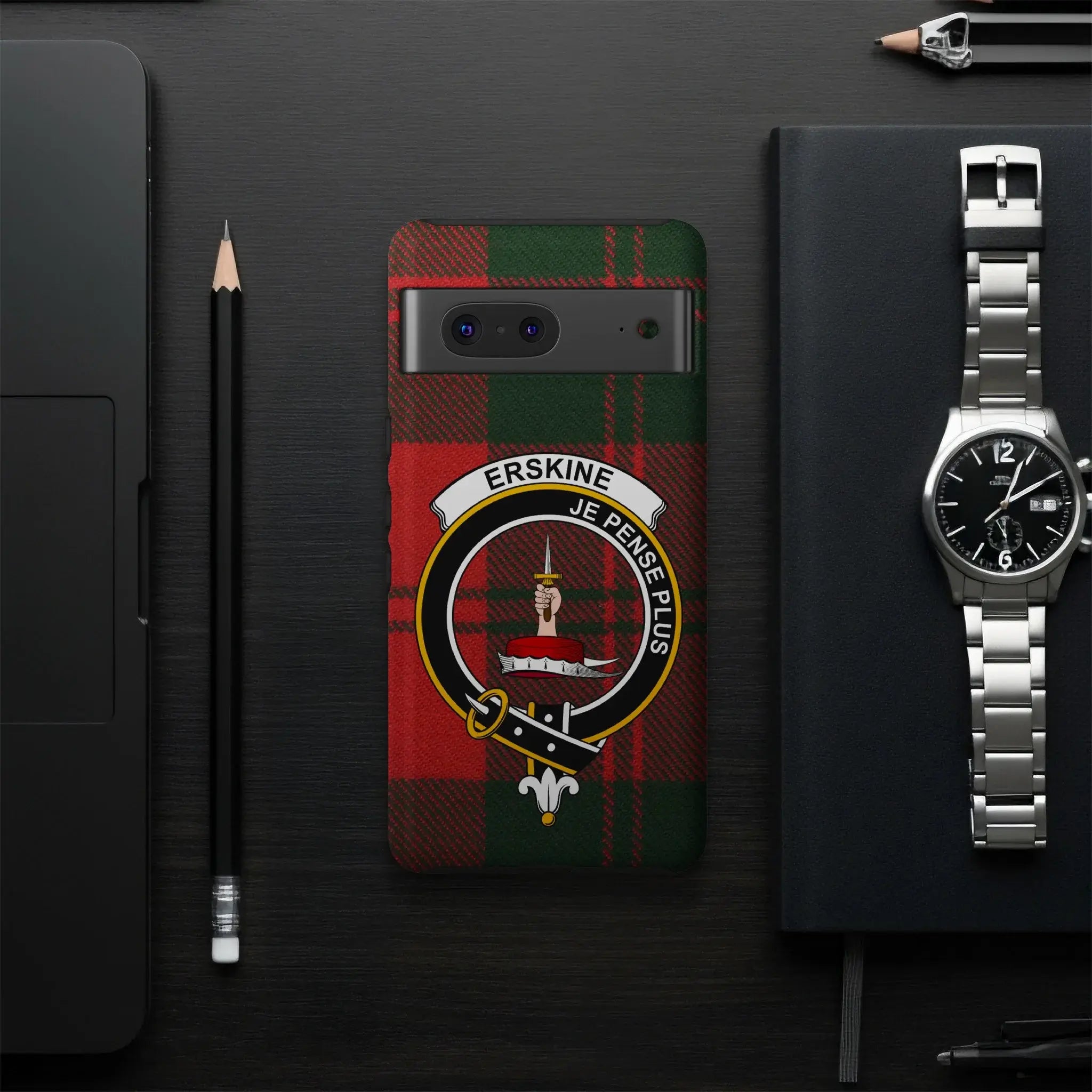 Erskine clan crest phone case — precise port cutouts, wrap print, Google Pixel model