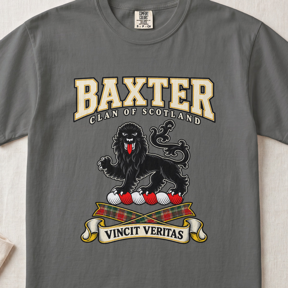 Baxter Scottish clan graphic T-shirt in Pepper, front view