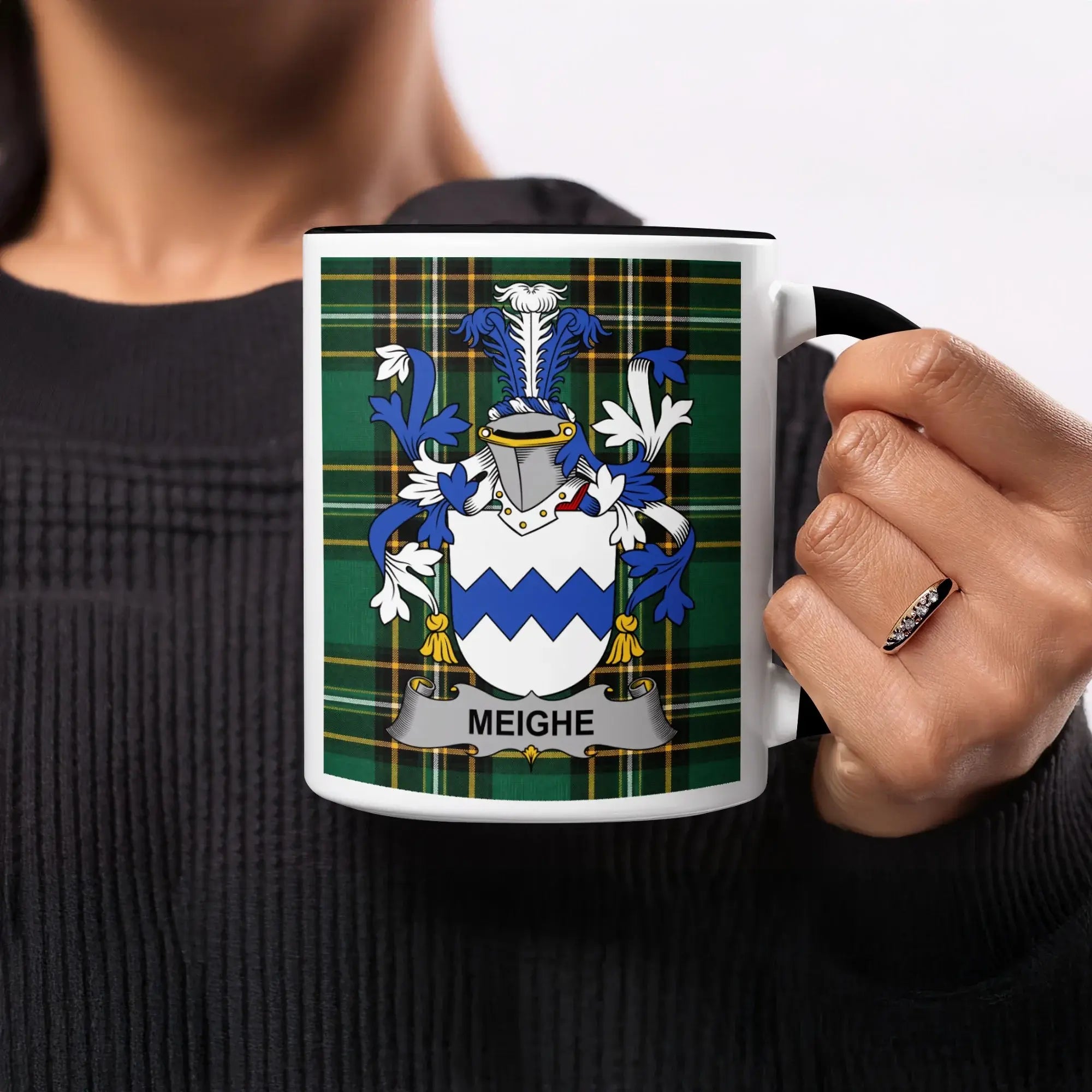 Meighe Irish heritage mug with black handle and interior