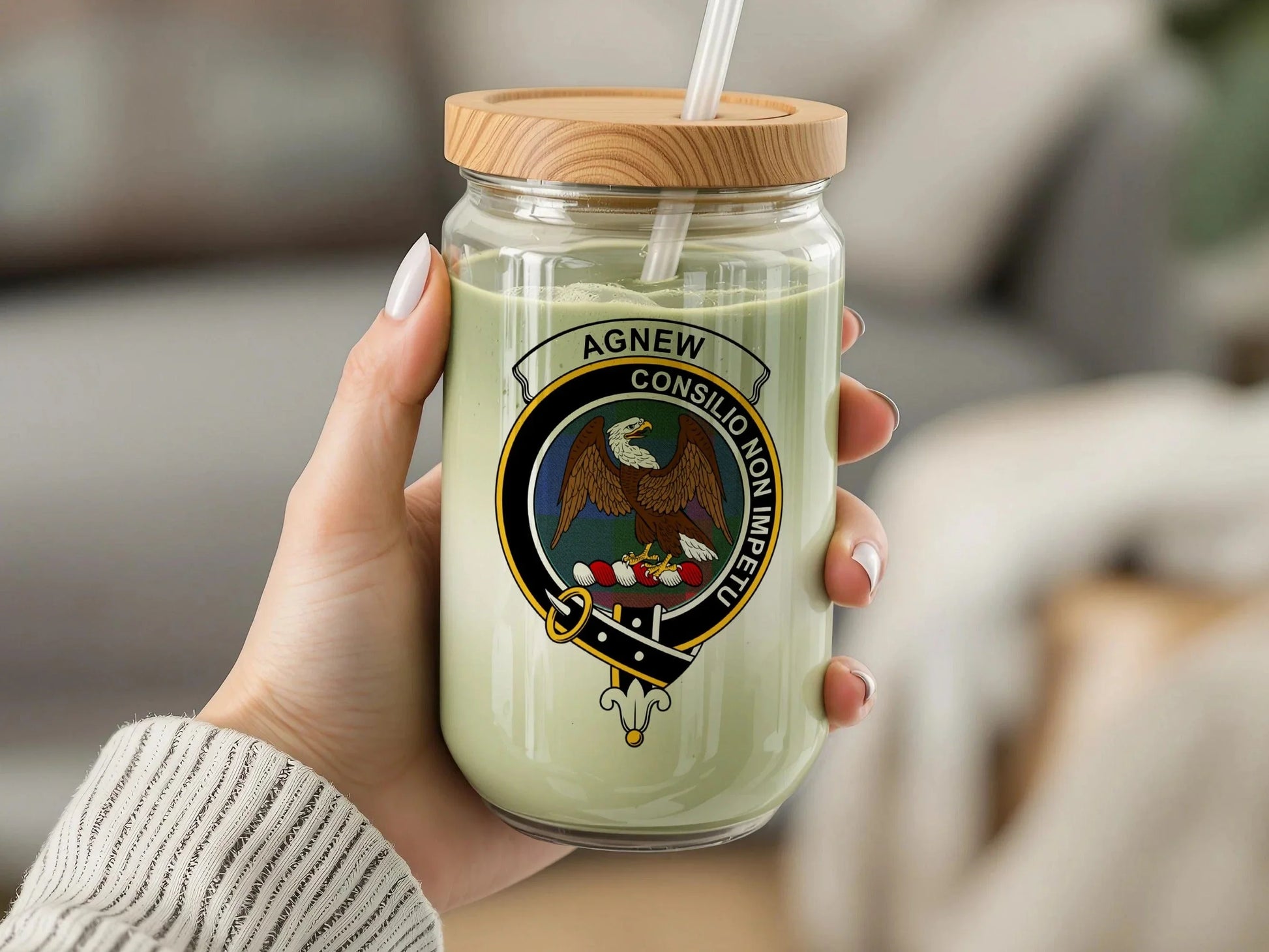 Agnew Clan Crest with Eagle Emblem Glass Sipper Cup - Celtic Ancestry Gifts