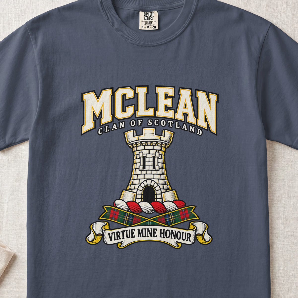 McLean graphic T-shirt in Midnight blue, front flat lay showing varsity lettering and white stone tower with battlements and arched doorway.