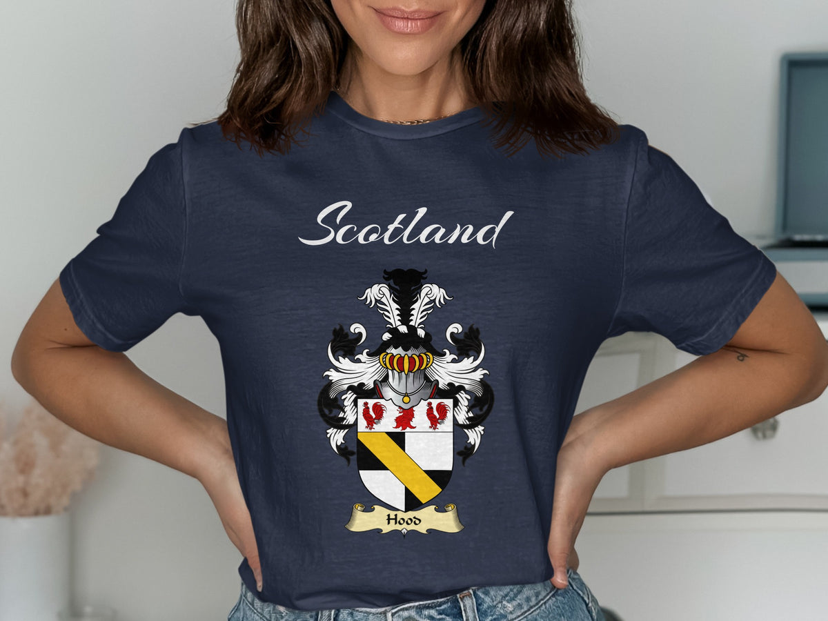 Hood Scottish family shield design on Navy T-shirt