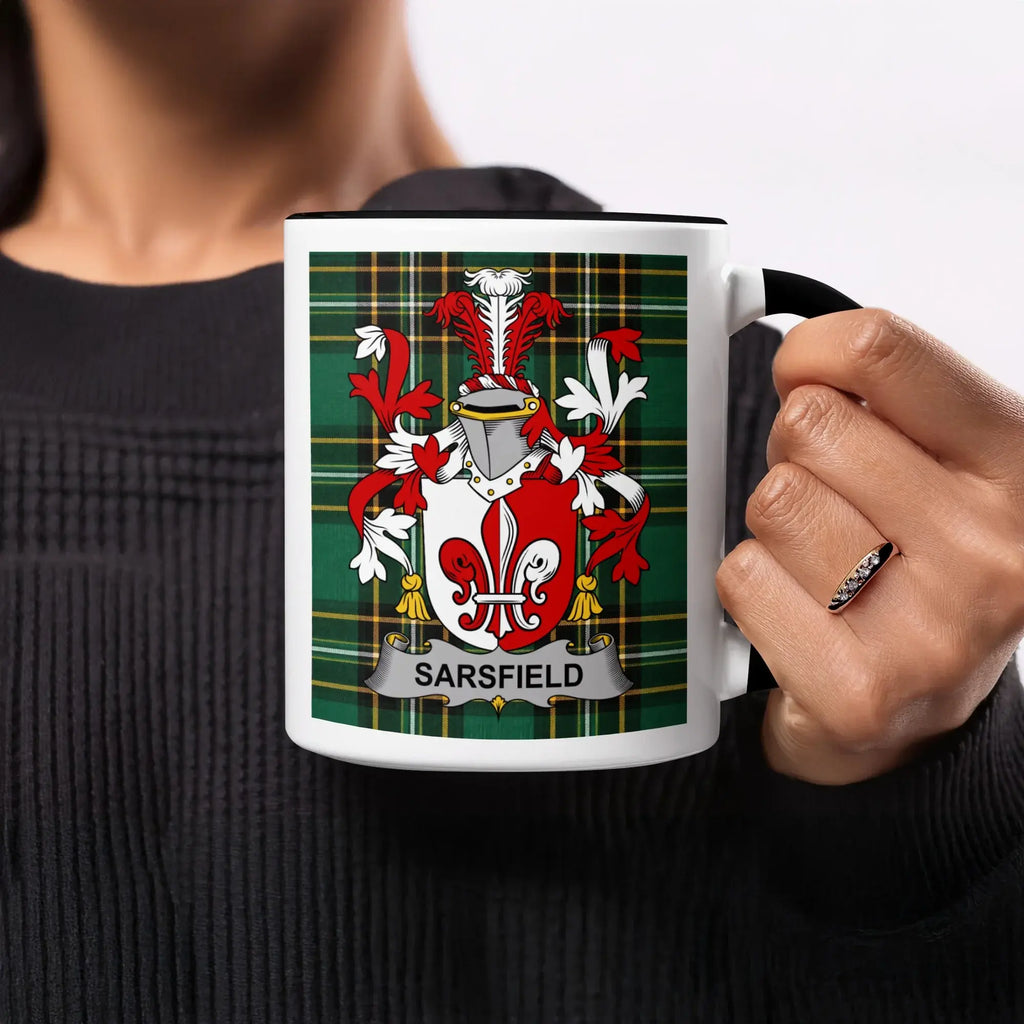 Sarsfield Irish heritage mug with black interior and family crest