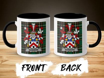 Sanders family crest on a black and white mug, front and back view.