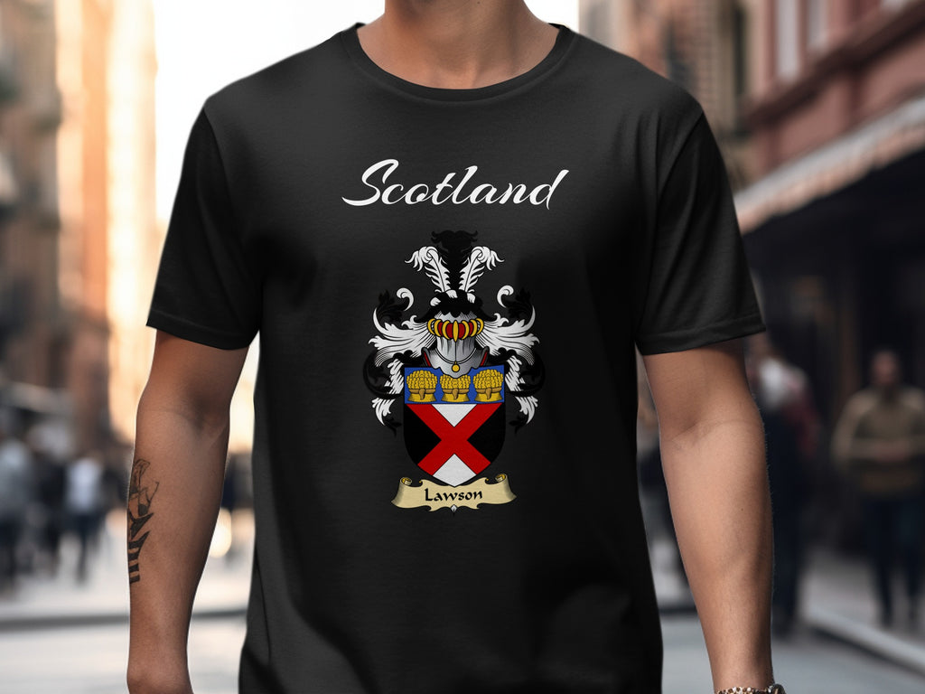 Lawson Scottish family shield design on Black T-shirt