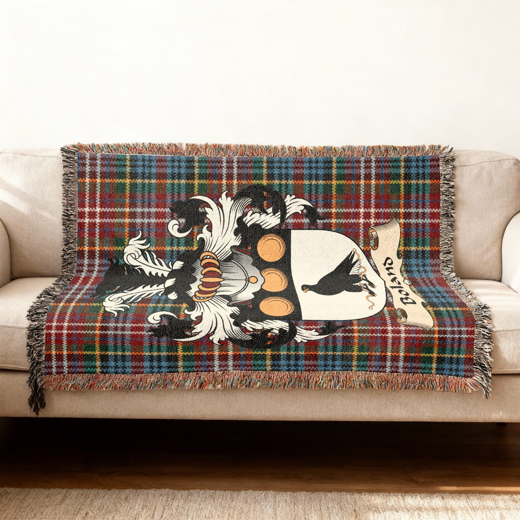 Boland Scottish woven blanket with family shield and Caledonia tartan background