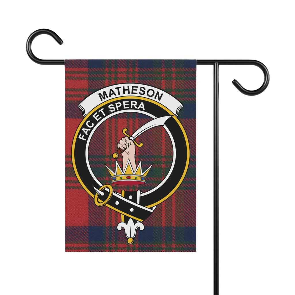 Matheson clan crest garden flag on standard stand — 24.5x32 inch with hand-and-sword tartan emblem