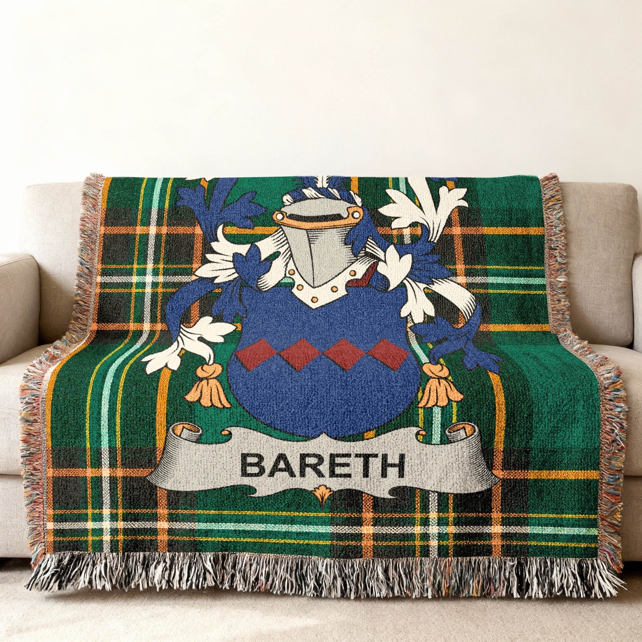 BARETH Family Crest Custom Tartan Green Throw Blanket