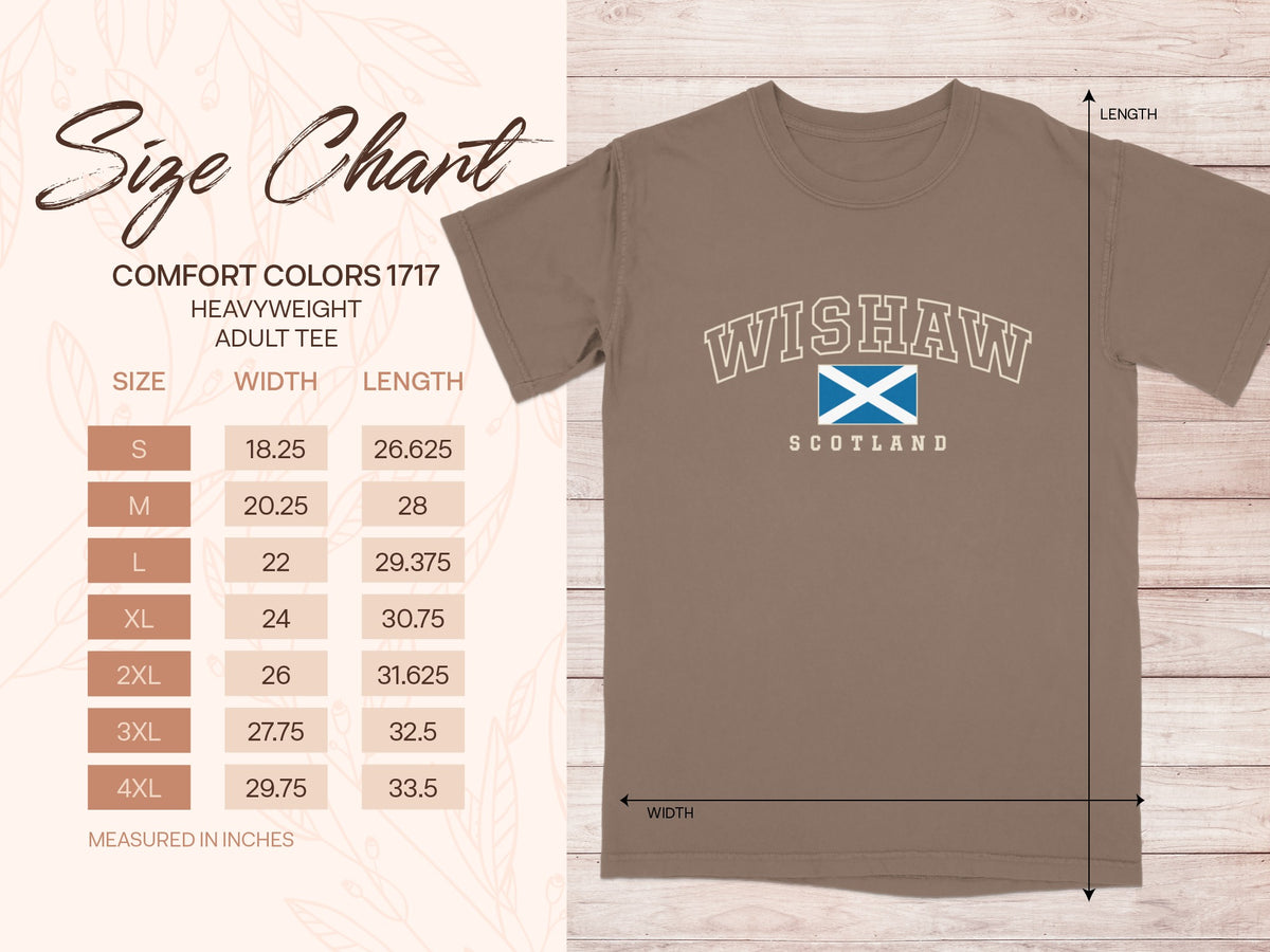 Comfort Colors 1717 size chart for the Wishaw Scotland T-shirt, with S–4XL width and length in inches