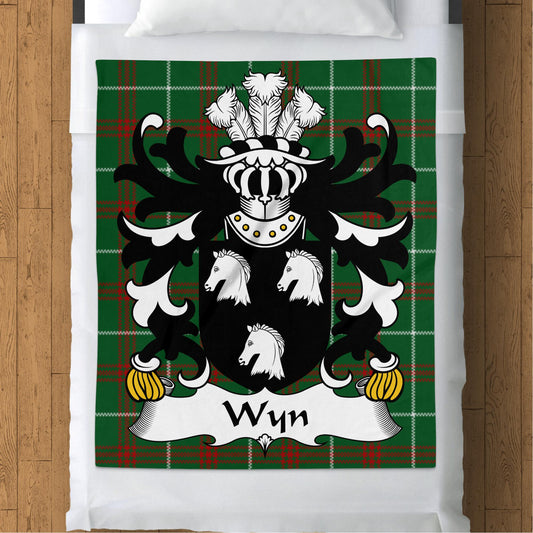 Wyn Welsh Surname Coat of Arms on National Tartan Background Blanket - Living Stone Gifts