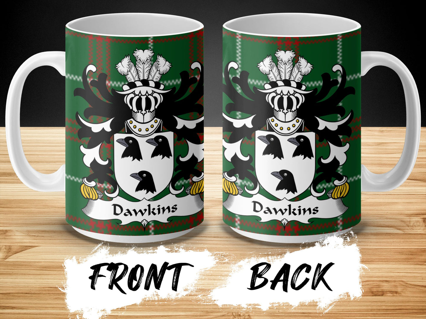 Dawkins Welsh Surname Coat of Arms on Tartan Background Mug - Living Stone Gifts