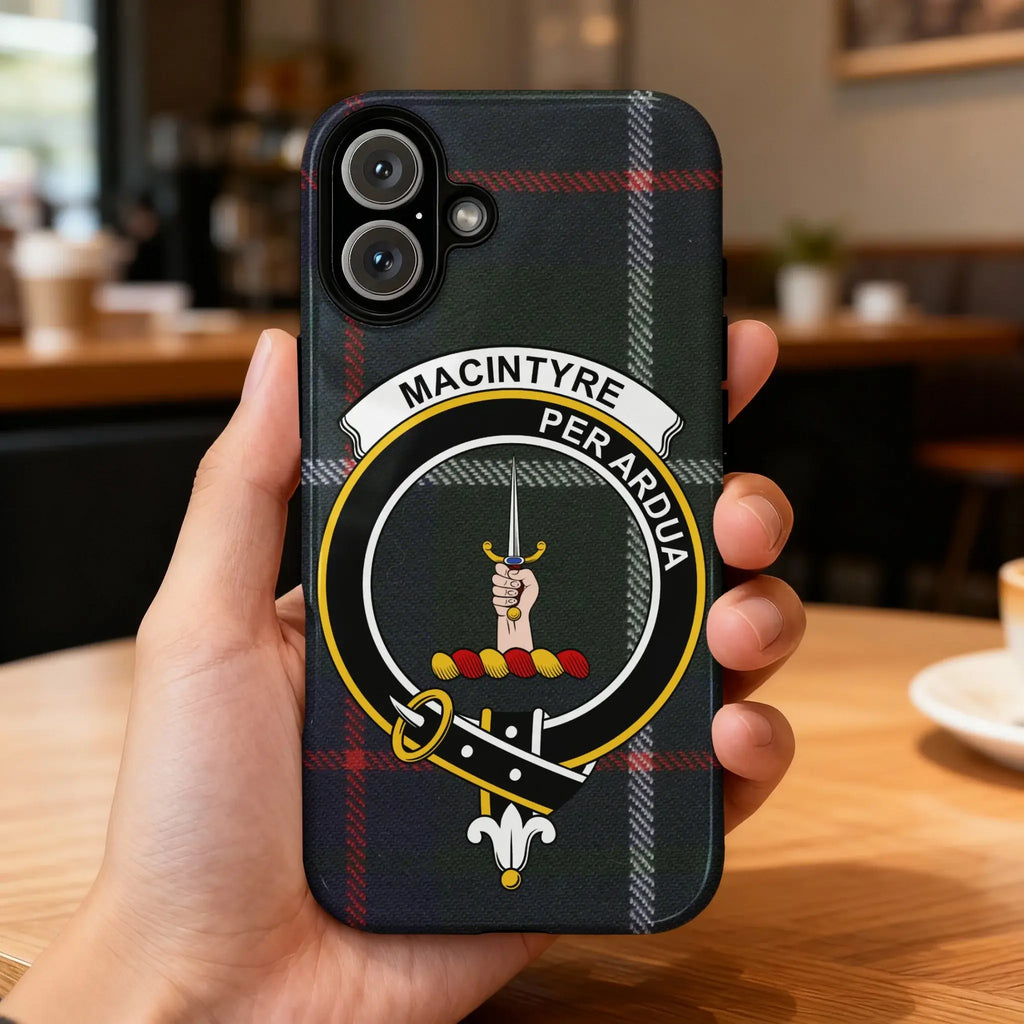 MacIntyre Per Ardua highland tartan phone case — edge-to-edge plaid design with clan crest motto