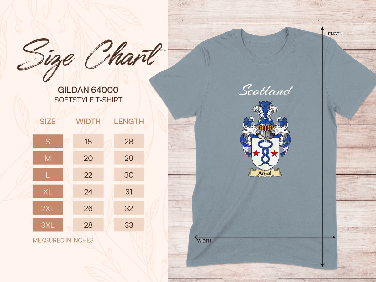Gildan 64000 size chart for Arneil Scottish family shield T-shirt