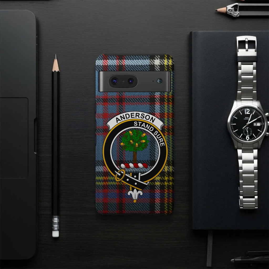 Close-up of the tartan pattern and Anderson motto on the phone case