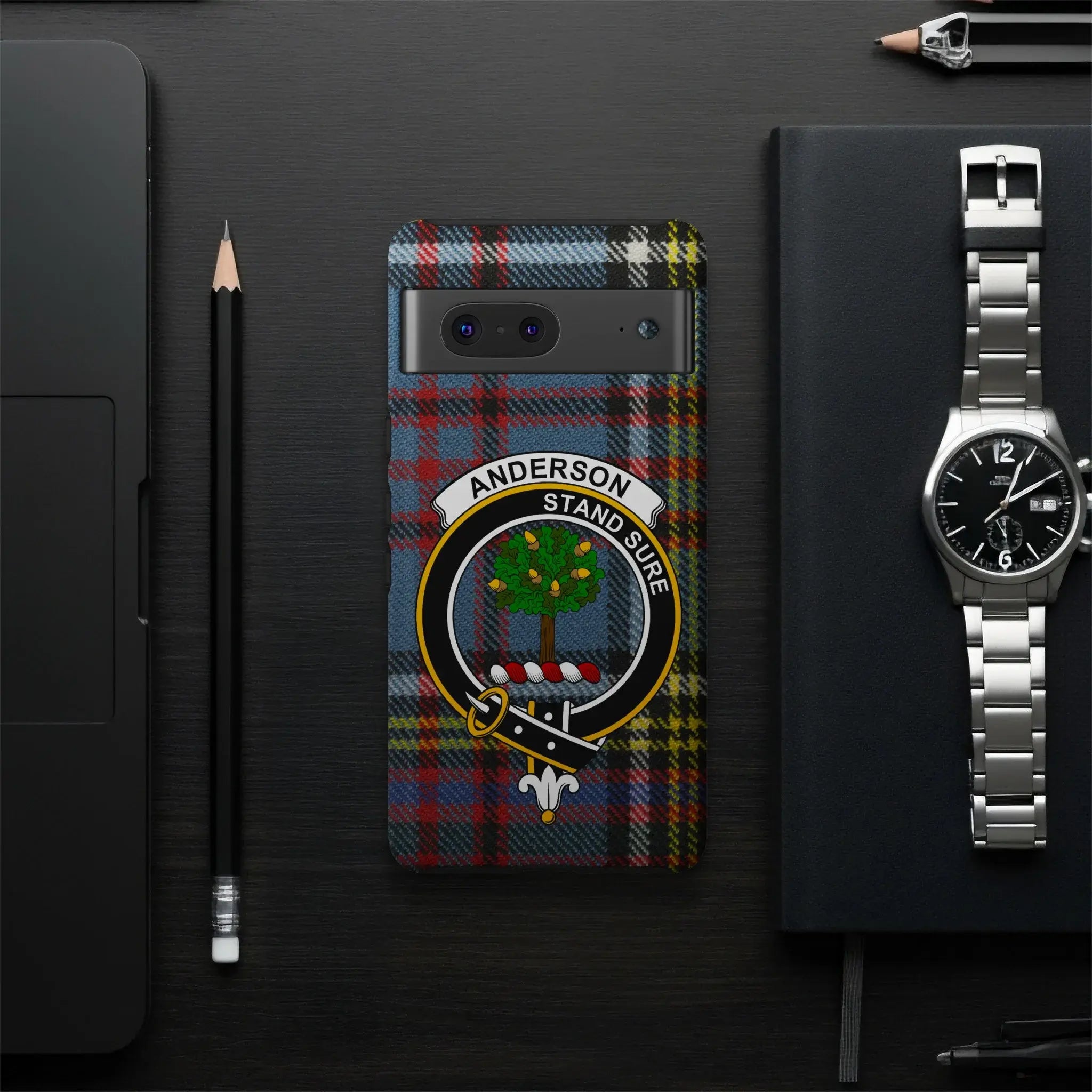 Close-up of the tartan pattern and Anderson motto on the phone case