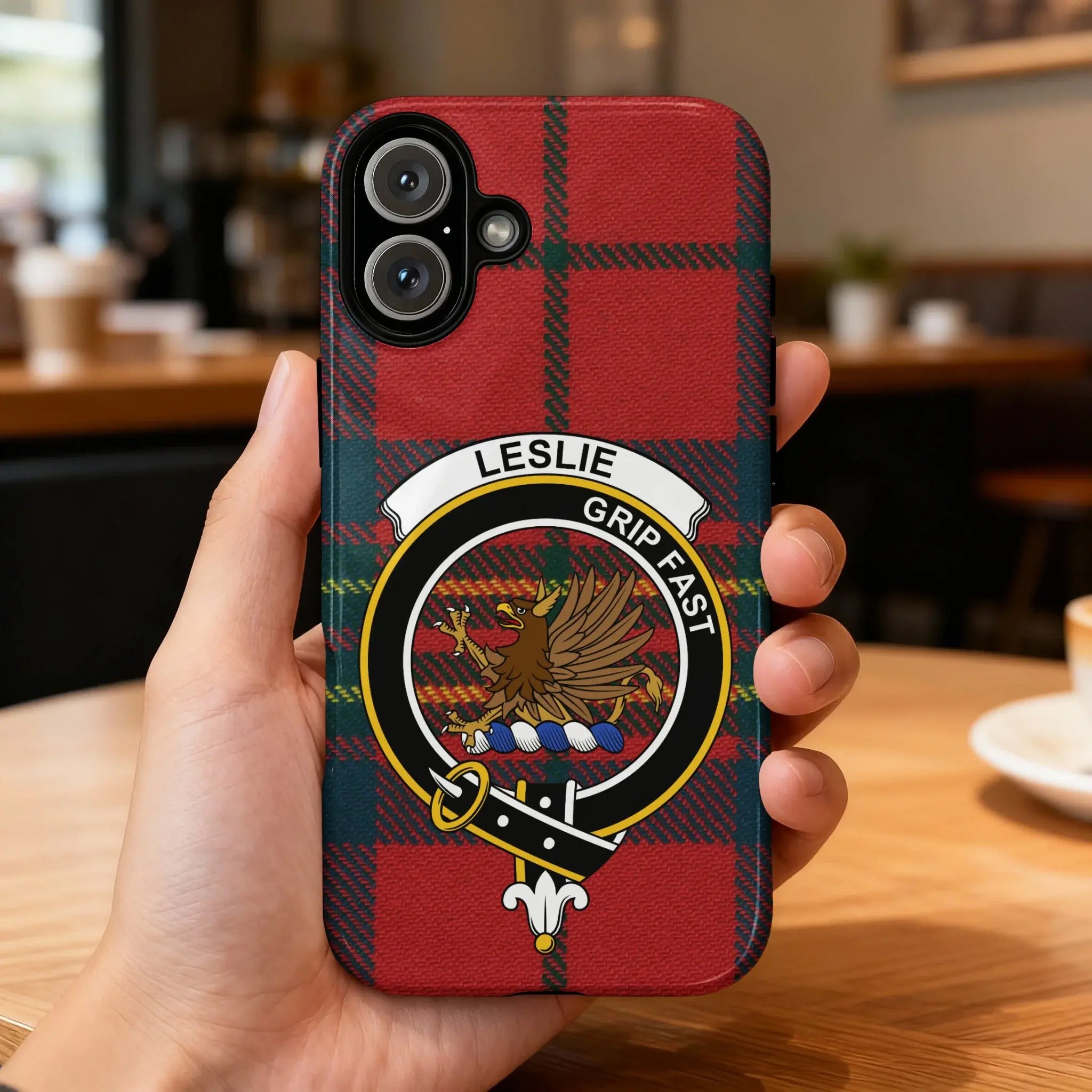 Leslie Grip Fast tartan design phone case — full heraldic wrap on glossy impact-resistant shell