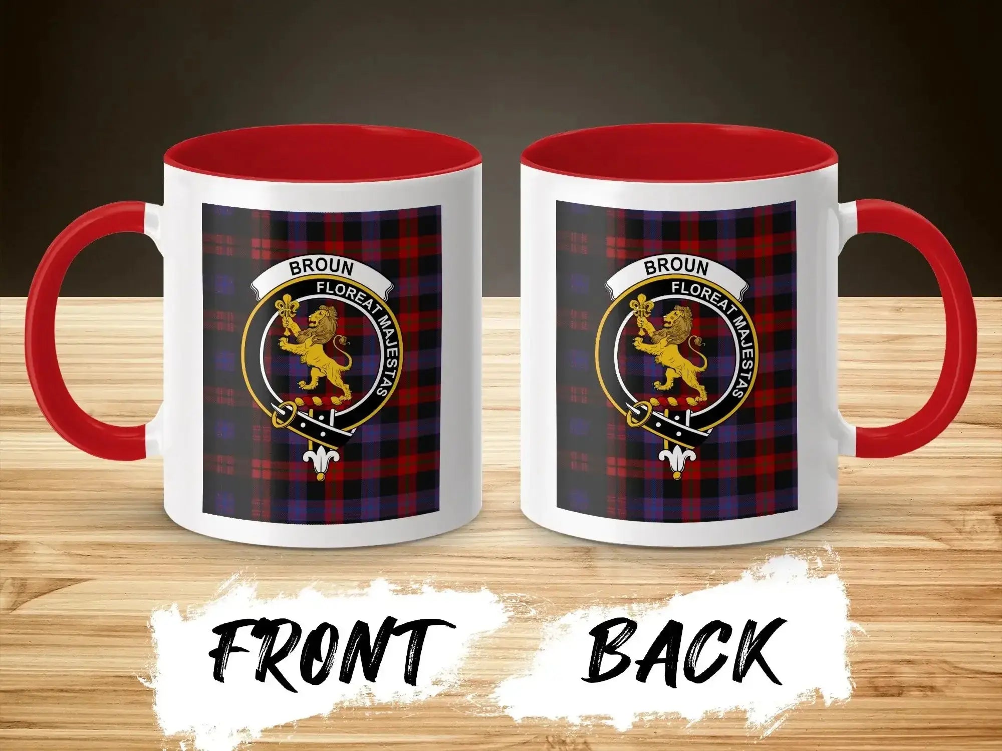 Broun tartan-background crest mug shown as a Scottish heritage gift
