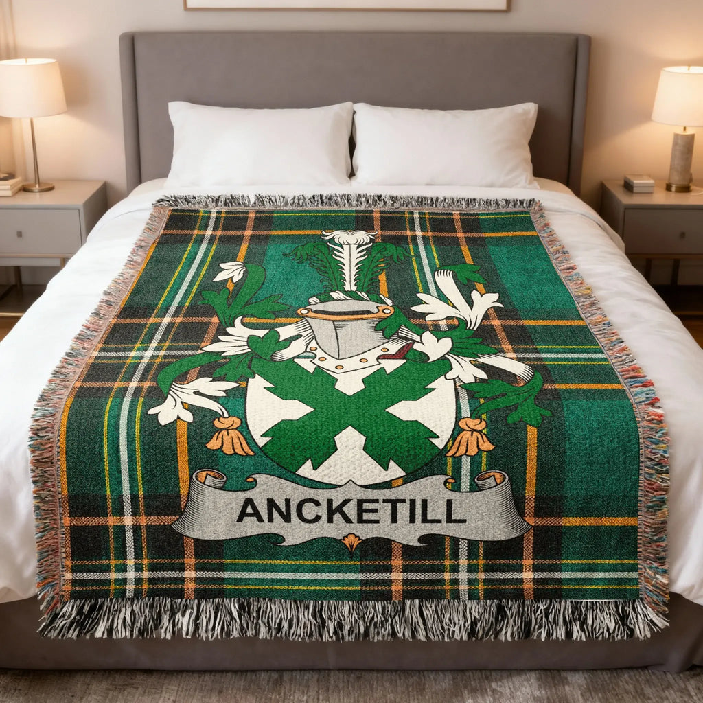 Ancketill Irish family crest woven blanket with Irish tartan design and fringed edges