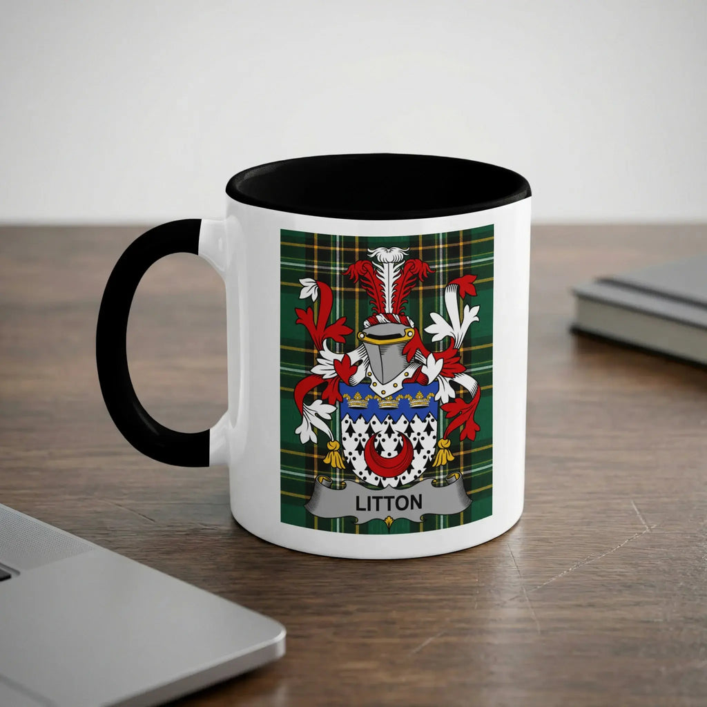 Litton Irish heritage mug with black handle and family crest