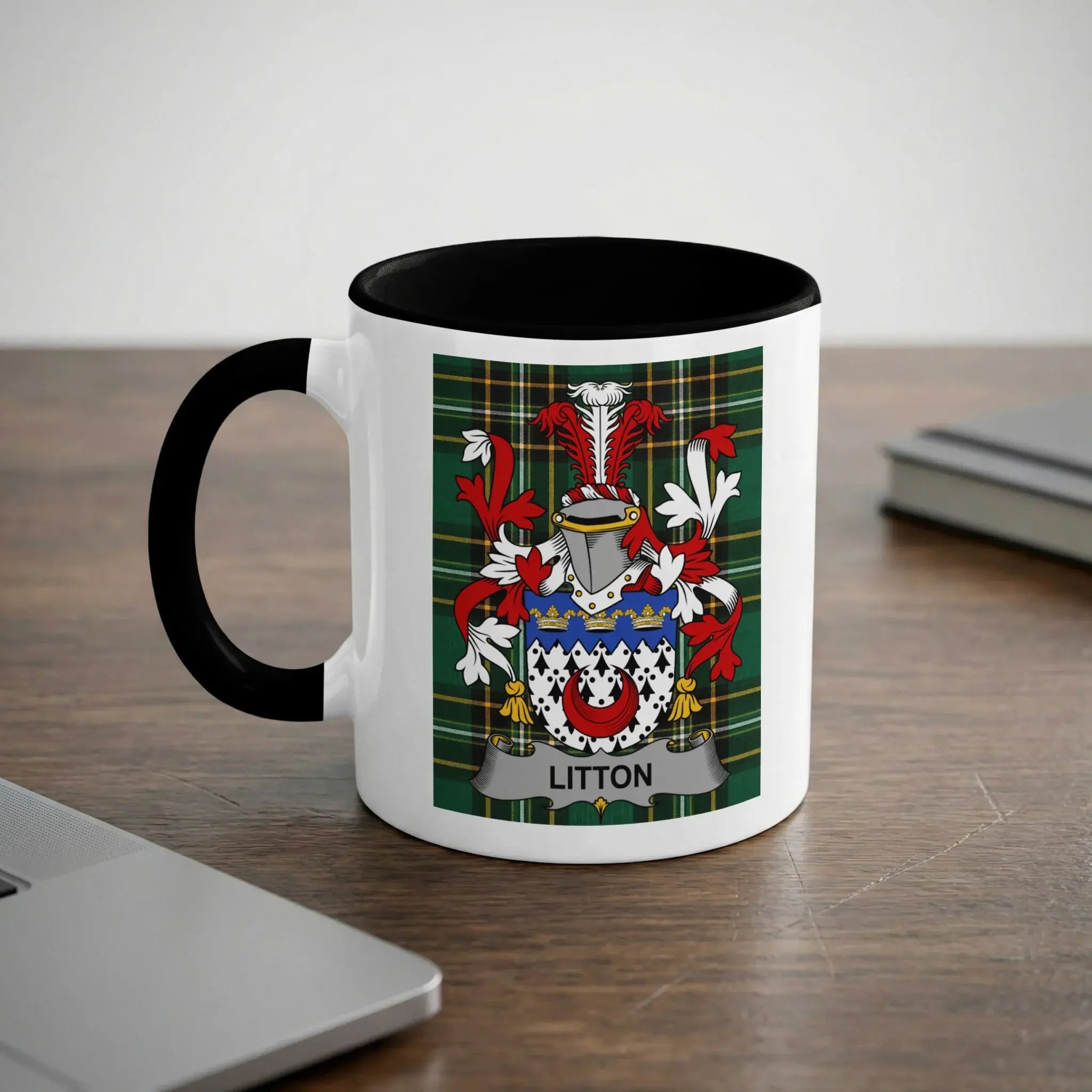 Litton Irish heritage mug with black handle and family crest