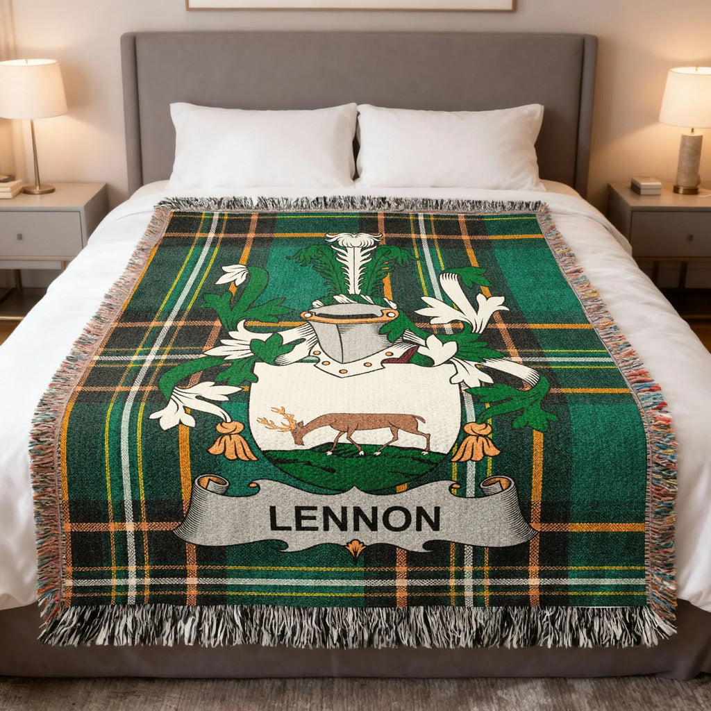 Plaid blanket with Lennon family crest featuring a deer and green accents.