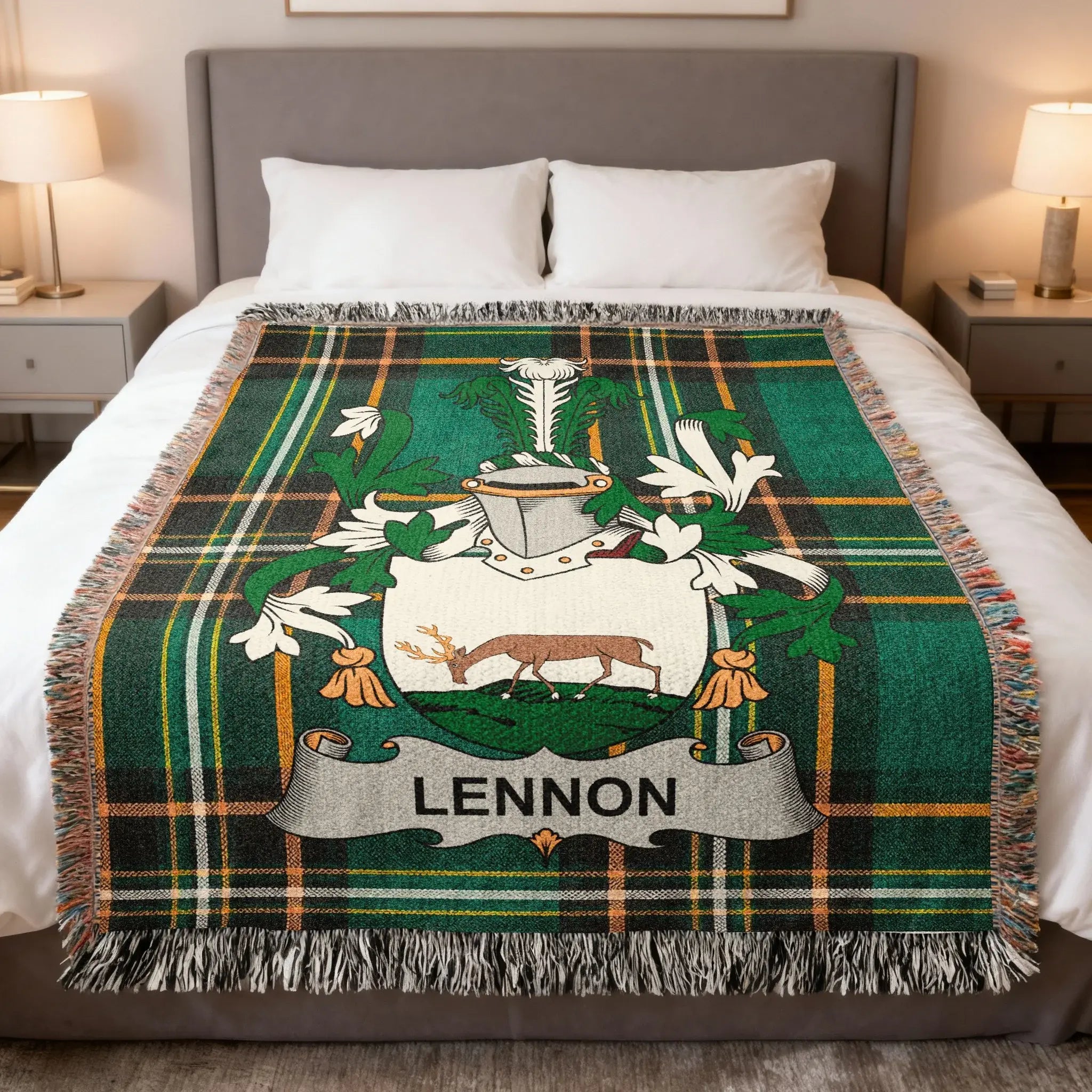 Plaid blanket with Lennon family crest featuring a deer and green accents.